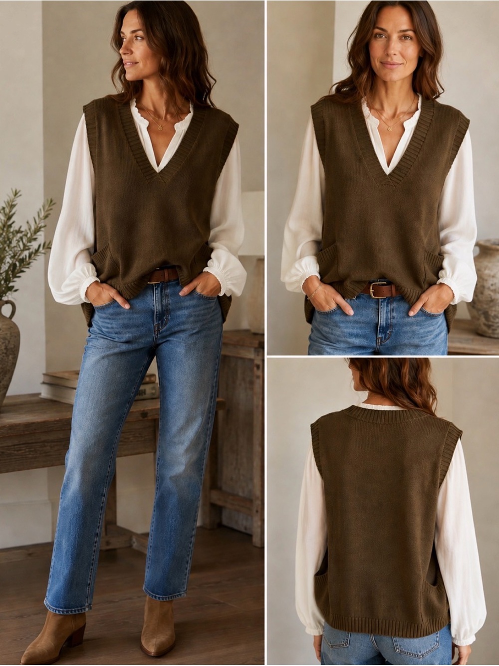 Olive Green V-Neck Knit Sweater Vest - Women